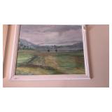 Framed watercolor, field and mountains, signed