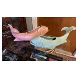 2 vintage ceramic fish, planters, when turquoise,
