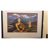 Framed original, watercolor, painting, two monks