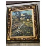 Framed original Oil Painting cabin in the woods,