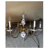 6 light brass chandelier, with blue and white