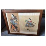 Framed Chinese prints, two prints and one, behind