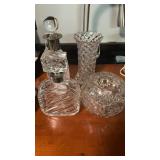 Two cut glass, liquor, decanter, with two glass