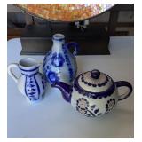 3 pieces of cobalt, blue salt, glaze, pottery,