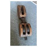 Large antique block and tackle pulley, two