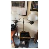 Antique cashbox, and a double globe, brass table