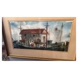 Vintage original watercolor on paper, ships on
