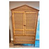 Vintage wicker rattan armoire cabinet.