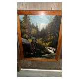 Antique oil, painting on canvas, and a plain wood