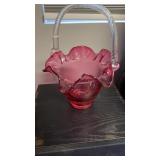 Large cranberry glass basket, handblown, Art,