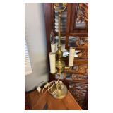 Heavy brass, three light table lamp, the top ring