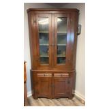 Antique handmade corner cupboard, two glass doors