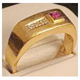 Vintage Men's 14K, Diamond & Rhodolite Ring
