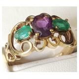 Vintage 10K Gold, Amethyst & Emerald Ring - Sz 7