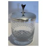 Vint. Crosshatch Cut Glass Jam Jar / Sterling Top