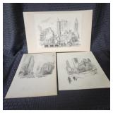 3 Orig. Pen & Ink Ted Carroll Cityscape Drawings