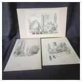 3 Orig. Pen & Ink Ted Carroll Cityscape Drawings
