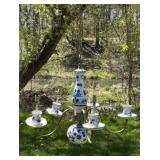 Vin. Blue & White Ceramic & Brass 5 Arm Chandelier