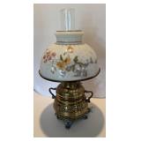 Antique Brass Kerosene Lamp w/ Painted Glass Shade