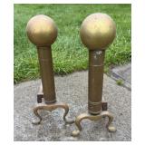 Circa 1920 Brass & Iron Cannon Ball Andirons