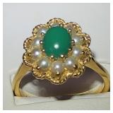 Vintage 14K Gold, Green Chrysoprase & Pearl Ring