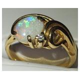 Vintage 10K Yellow Gold, Opal & Diamond Ring