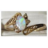 Vintage 10K Yellow Gold, Opal & Diamond Ring