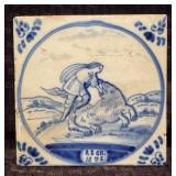 18th C. Dutch Delft Ceramic Tile Samson & Lion