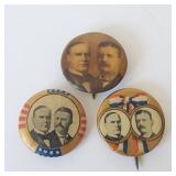 3 Antique McKinley & Roosevelt Celluloid Buttons