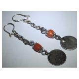 Pair of Ottoman Silver Coin & Coral Earrings