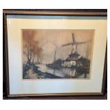 Antique Aquarelle Etching - A River in Flanders