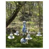 Vin. Blue & White Ceramic & Brass 5 Arm Chandelier