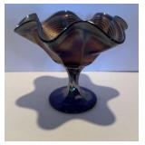 Fenton Carnival Glass Pedestal Bowl - Peacock Tail