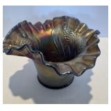 Antique Blue Carnival Glass Vase - Holly Hat Type