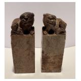 2 Vintage / Antique Carved Stone Seals w/ Foo Dogs