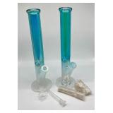 (2) blue and white straight pipe bongs