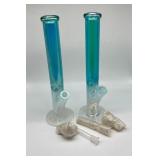 (2) blue and white straight pipe bongs