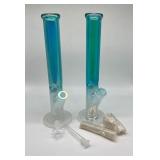 (2) blue and white straight pipe bongs
