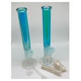 (2) blue and white straight pipe bongs