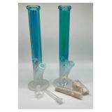 (2) blue and white straight pipe bongs