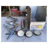 Paint roller, caulk guns, & 3 lights in metal bin Paint roller, caulk guns, & 3 lights in metal bin
