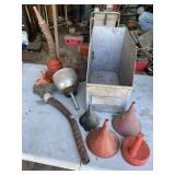 Misc funnels in metal storage bin Misc funnels in metal storage bin