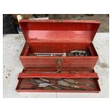 Red tool box w/ misc tools & 1/2' drive sockets Red tool box w/ misc tools & 1/2' drive sockets