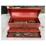 Red tool box w/ misc tools & 1/2" drive sockets