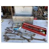 Grey toolbox w/ red tray with misc. tools Grey toolbox w/ red tray with misc. tools