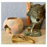 Southwestern Pottery, Wolf Figurine and Scrimshaw Tooth