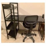 Metal & Glass Office Desk with Attached Shelving / Chair Combo