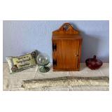 Red Glass Footed Candy Dish, Tiny Wood Cabinet and Door Sweep