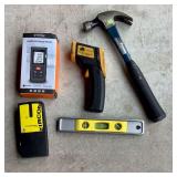 Laser Distance Meter, Infrared Thermometer, Stud Finder, Level and Hammer