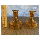 Amber Indiana Glass Tiara Candle Stick Holders
